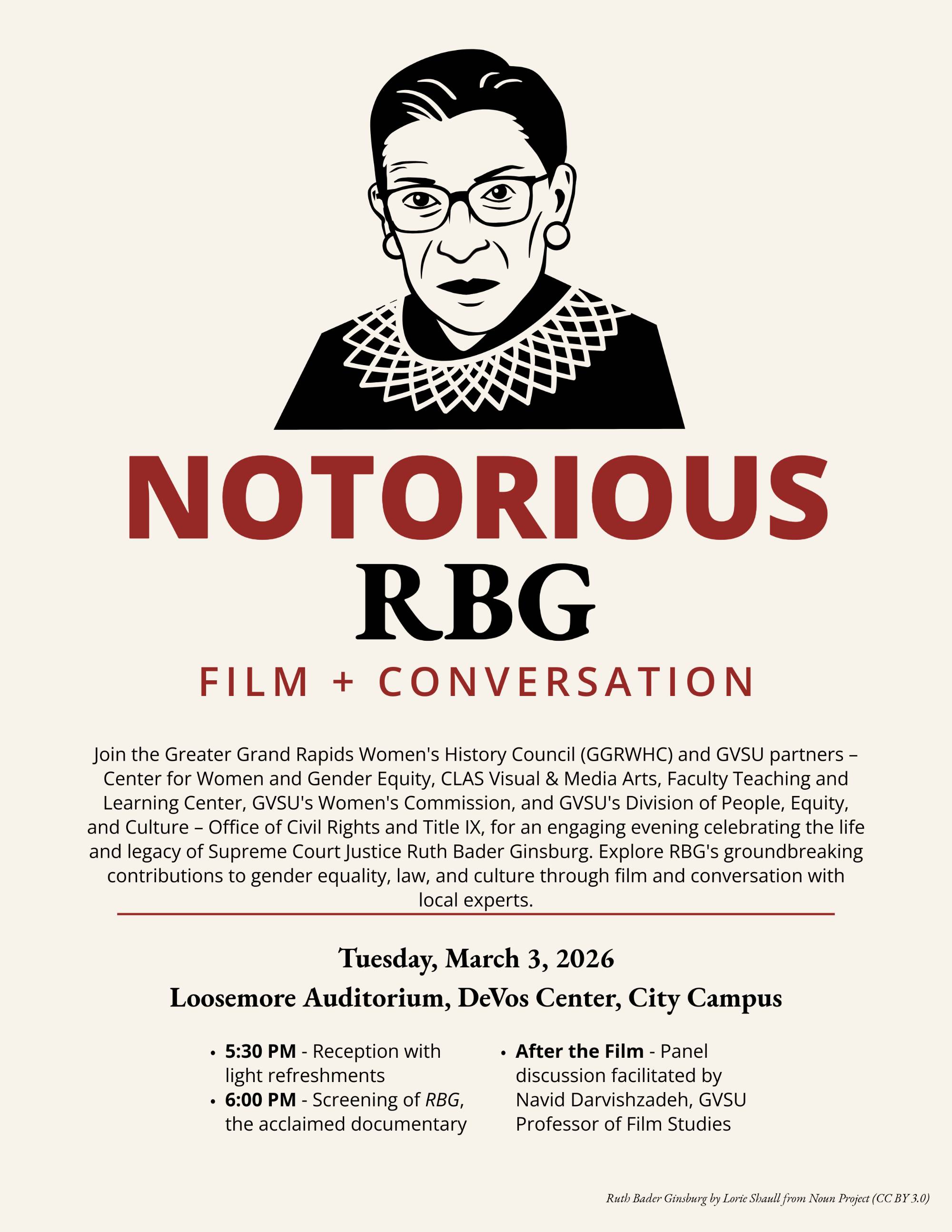 Flyer for the Notorious RBG Film and Conversation event featuring event title, date, location, and schedule for the film screening, reception, and panel discussion.